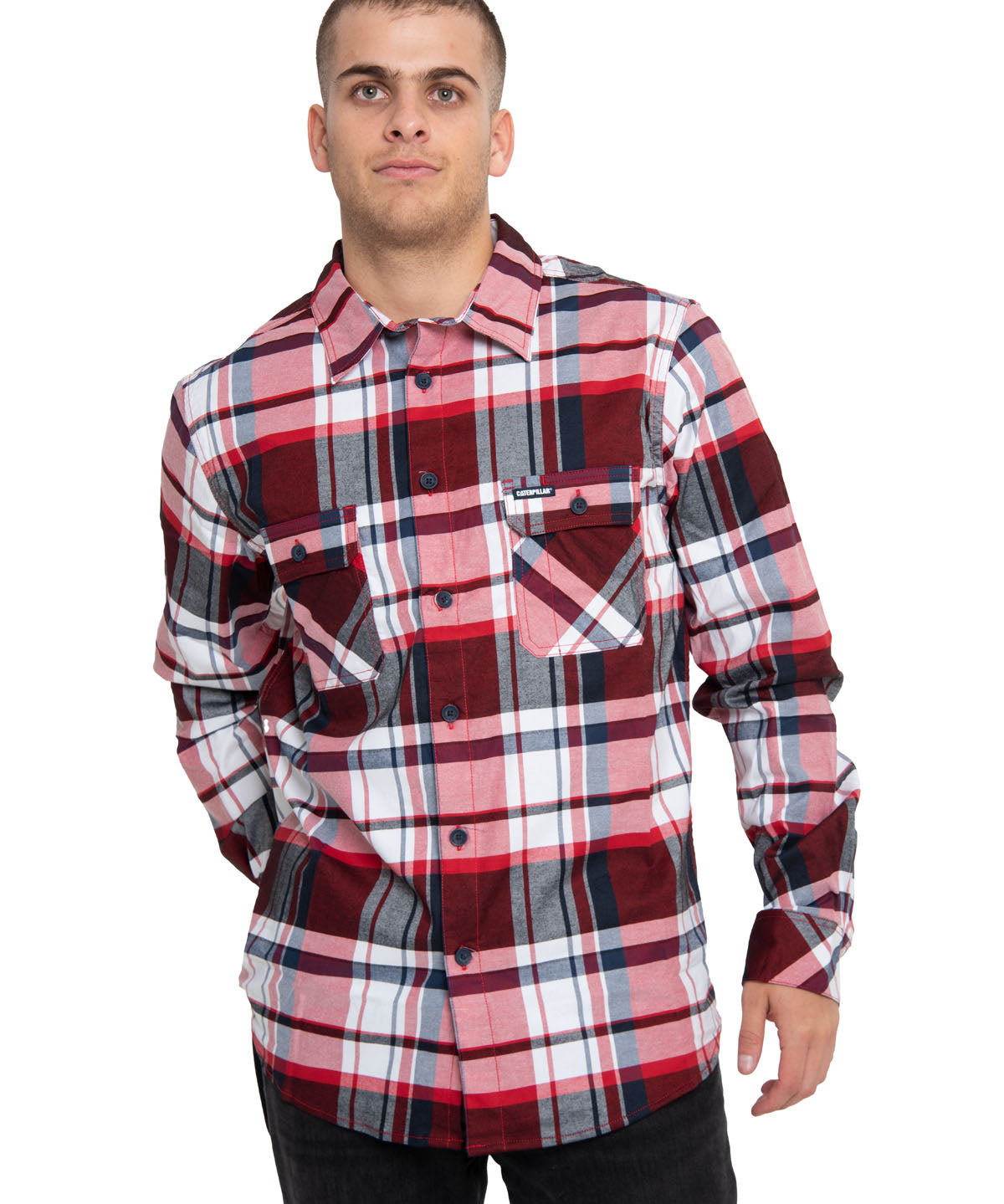 Camisa Plaid Manga Larga Work Shirt Para Hombre Color Rojo-1