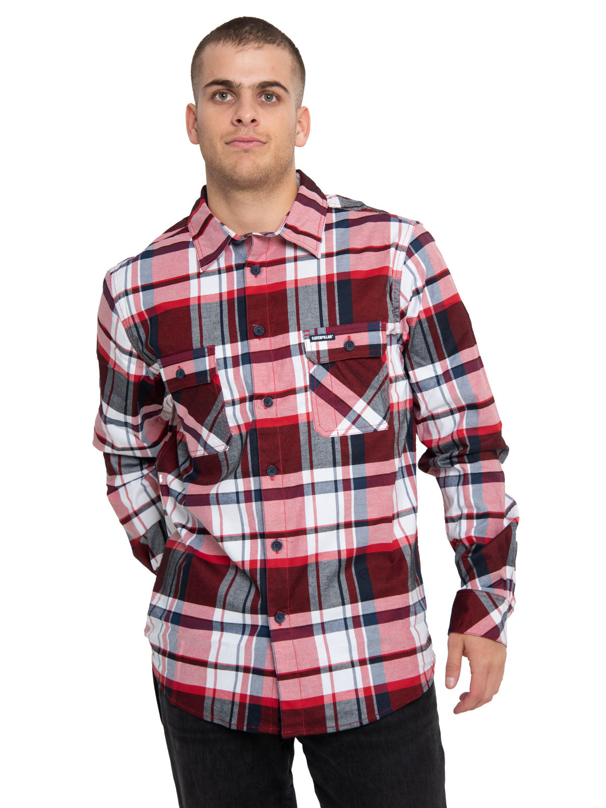 Camisa Plaid Manga Larga Work Shirt Para Hombre Color Rojo-1