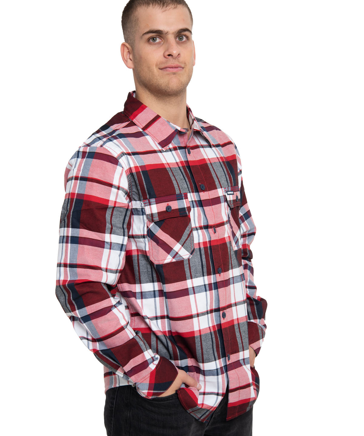 Camisa Plaid Manga Larga Work Shirt Para Hombre Color Rojo-4