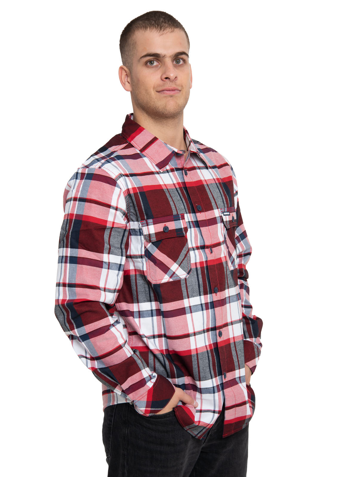 Camisa Plaid Manga Larga Work Shirt Para Hombre Color Rojo-4