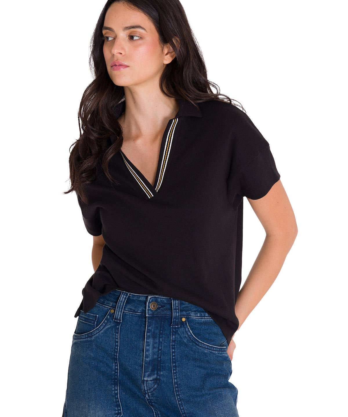 Polo Notch Neck Polo Shir Para Mujer Color Negro-1