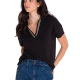 Polo Notch Neck Polo Shir Para Mujer Color Negro-1
