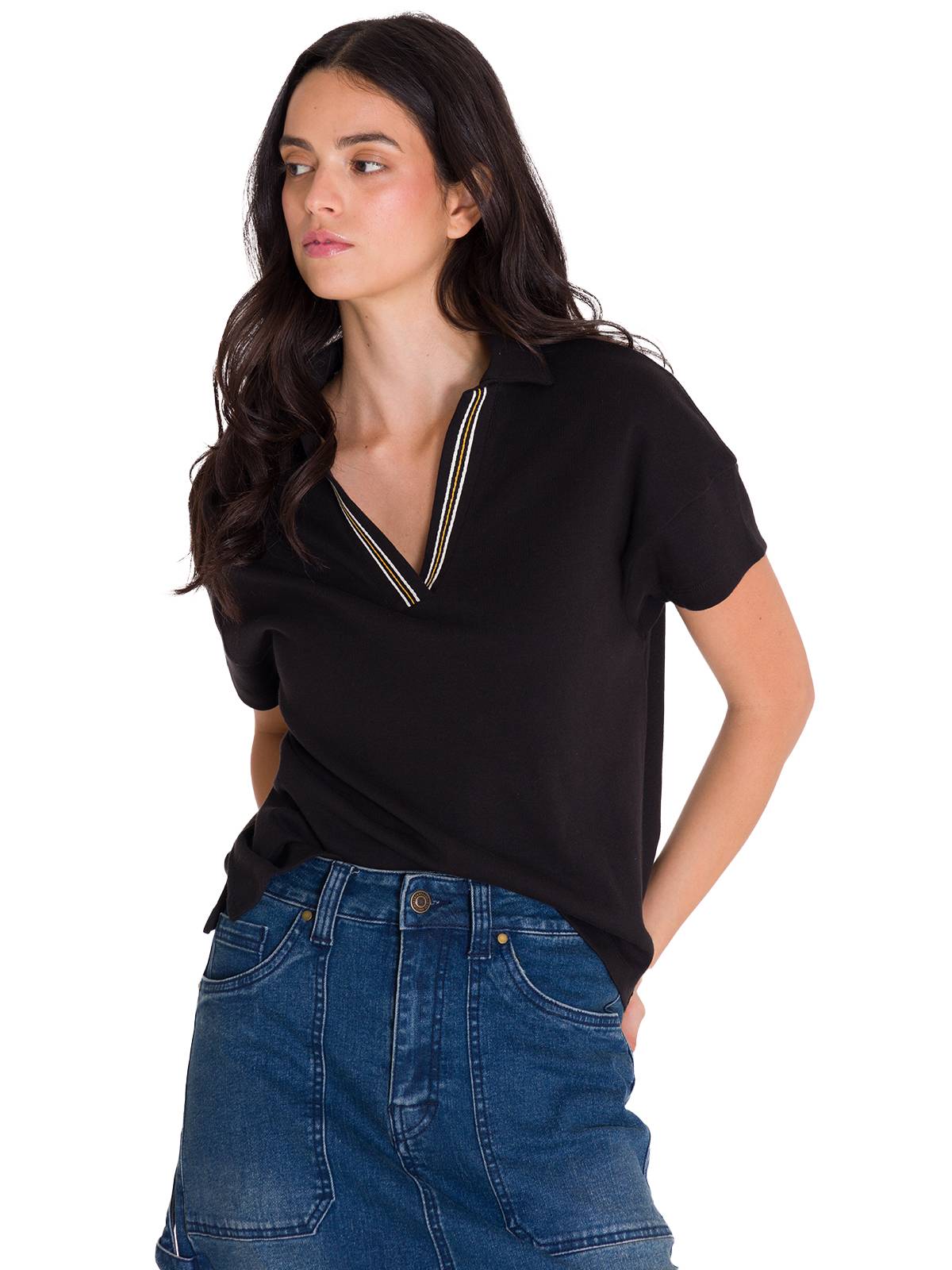 Polo Notch Neck Polo Shir Para Mujer Color Negro-1