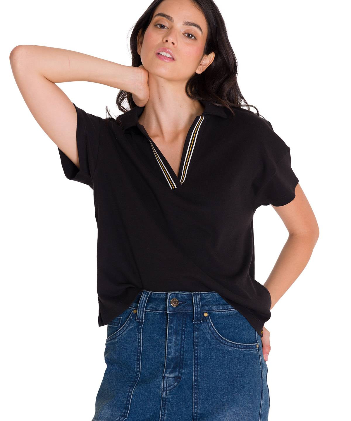 Polo Notch Neck Polo Shir Para Mujer Color Negro-2