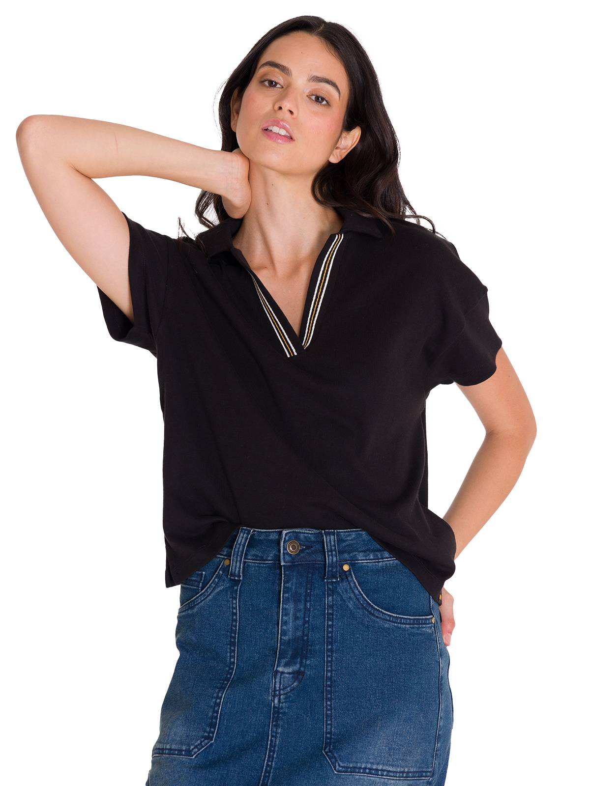 Polo Notch Neck Polo Shir Para Mujer Color Negro-2