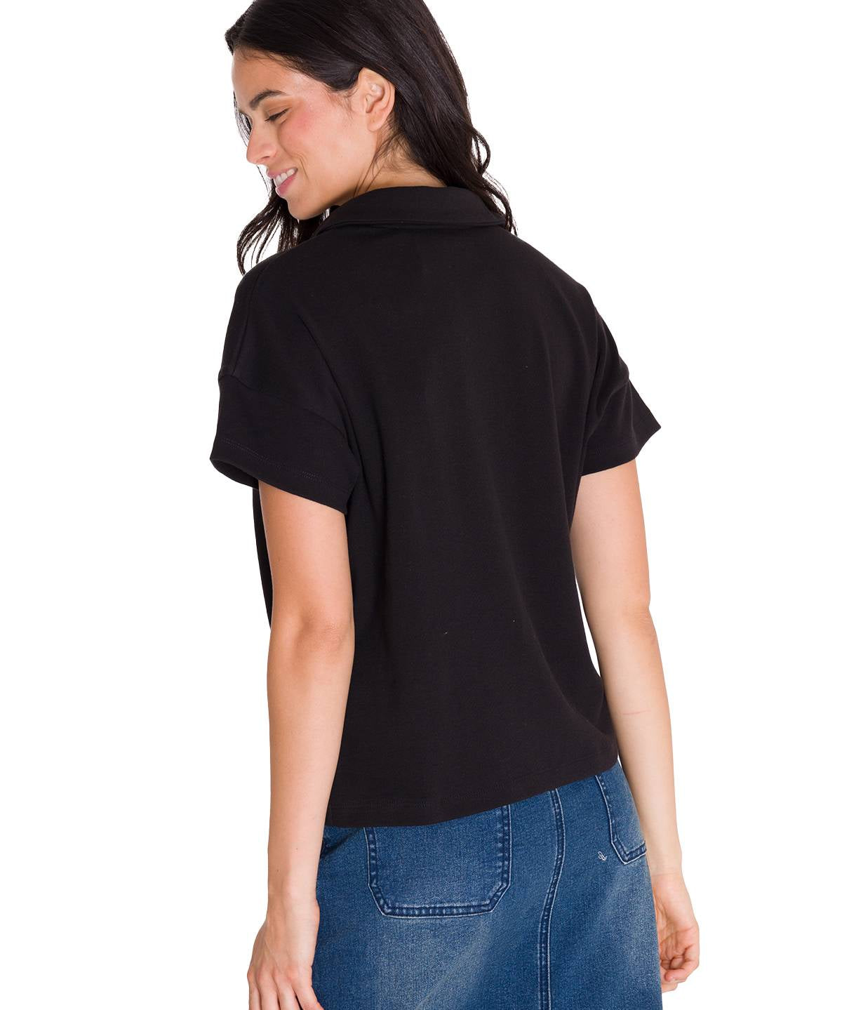 Polo Notch Neck Polo Shir Para Mujer Color Negro-3