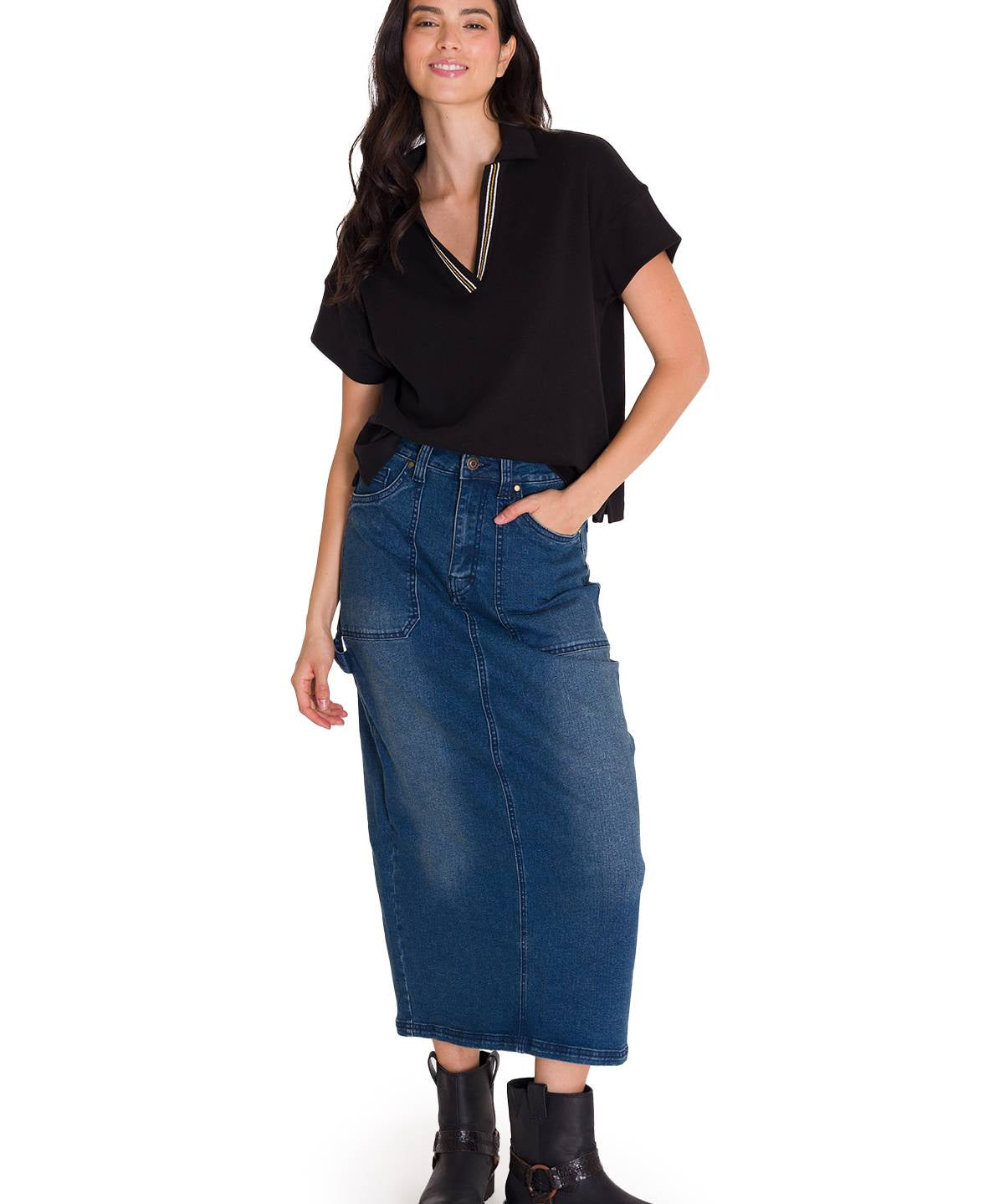 Polo Notch Neck Polo Shir Para Mujer Color Negro-5