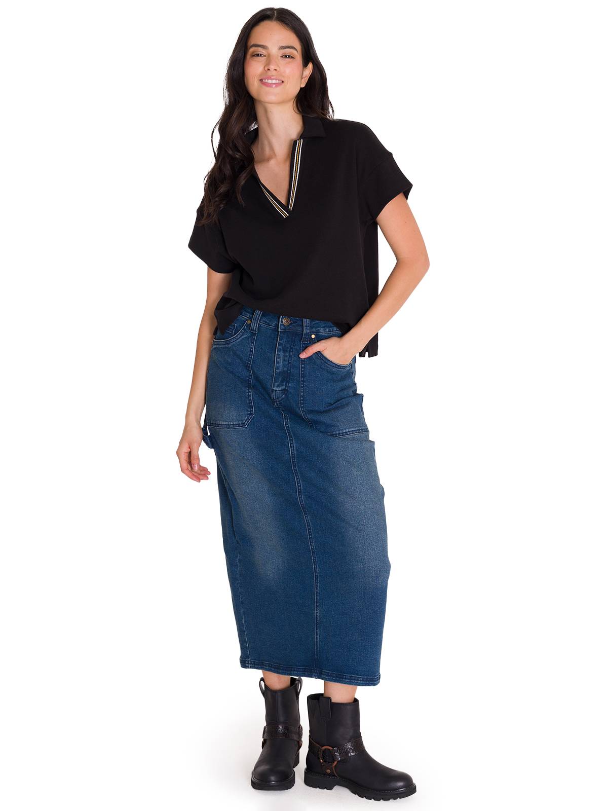 Polo Notch Neck Polo Shir Para Mujer Color Negro-5