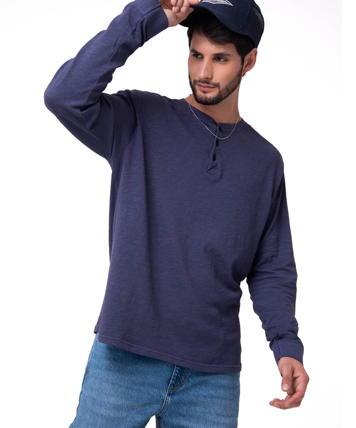Camiseta Slub Knit Manga Larga Henley Hombre Color Azul-1