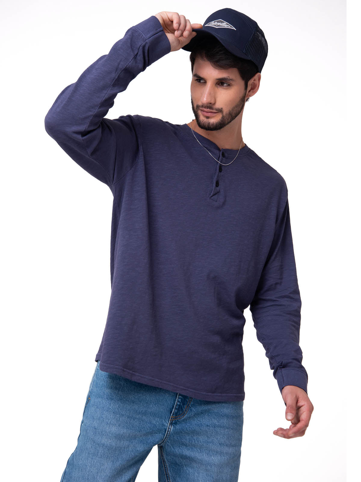Camiseta Slub Knit Manga Larga Henley Hombre Color Azul-1