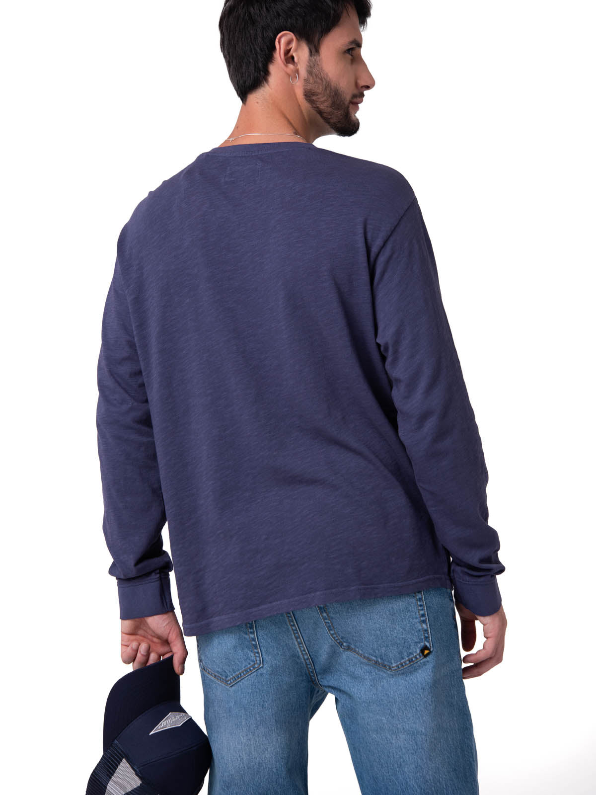 Camiseta Slub Knit Manga Larga Henley Hombre Color Azul-2