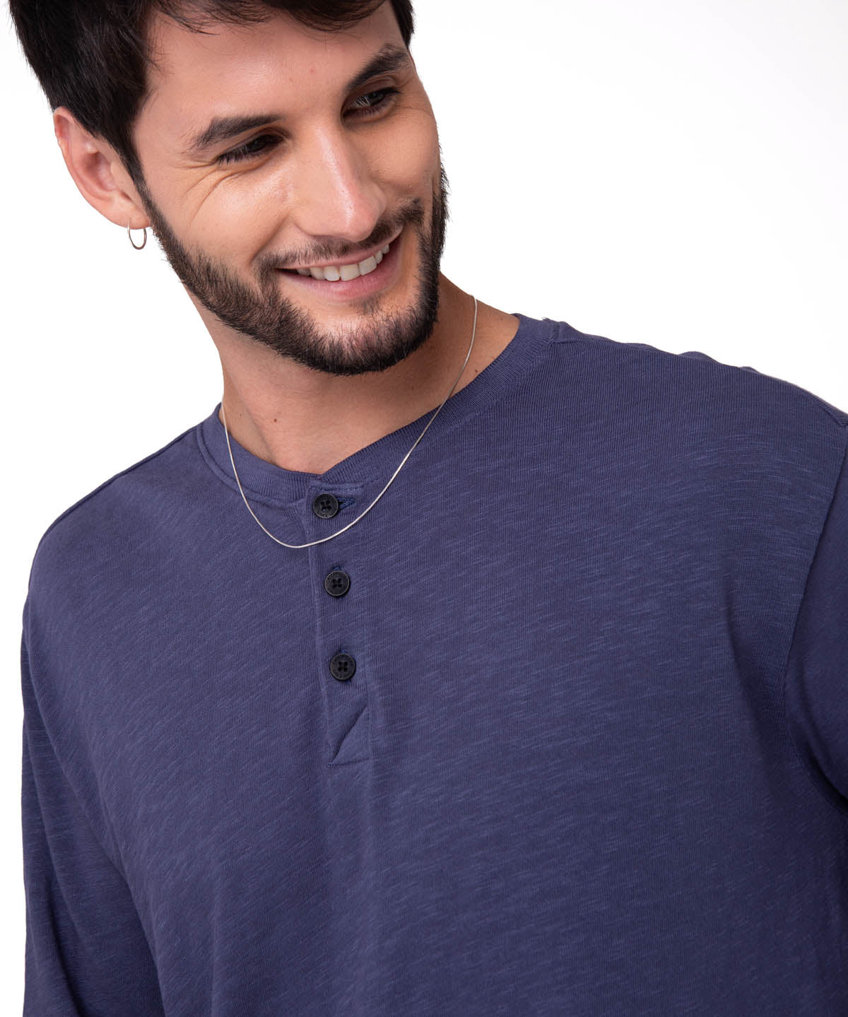 Camiseta Slub Knit Manga Larga Henley Hombre Color Azul-3