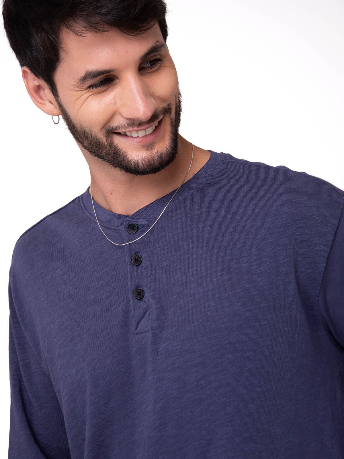 Camiseta Slub Knit Manga Larga Henley Hombre Color Azul-3