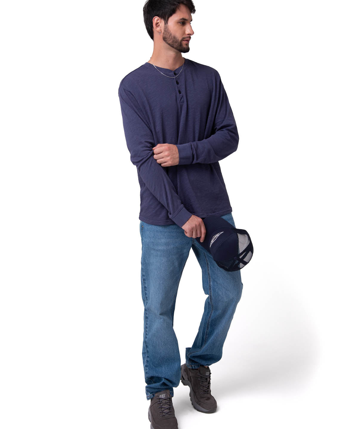 Camiseta Slub Knit Manga Larga Henley Hombre Color Azul-4