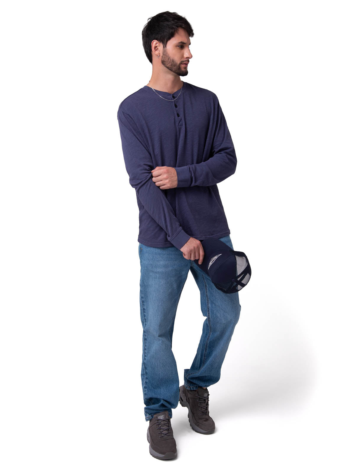 Camiseta Slub Knit Manga Larga Henley Hombre Color Azul-4