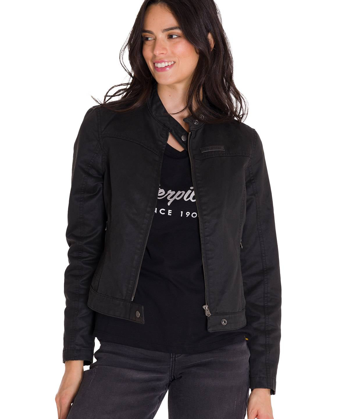 Chaqueta W Waxed Moto Para Mujer Color Negro-1