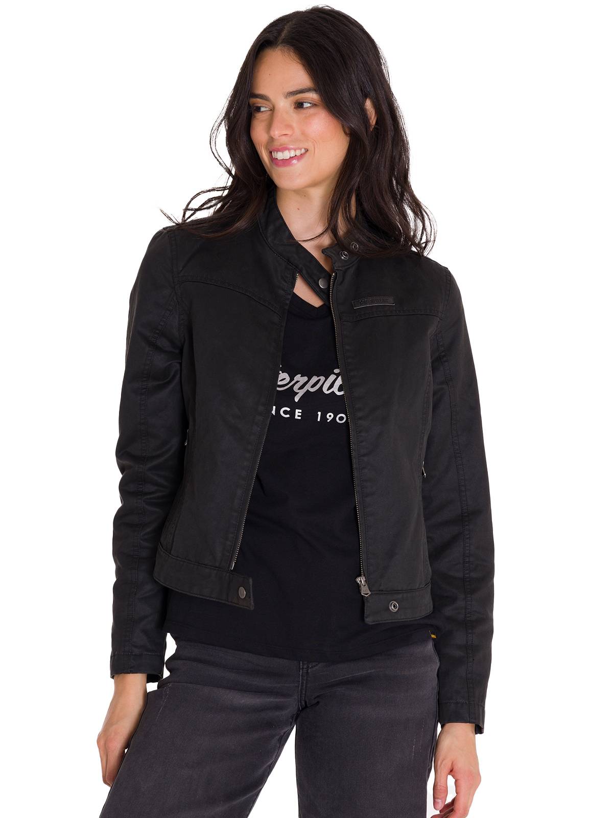 Chaqueta W Waxed Moto Para Mujer Color Negro-1