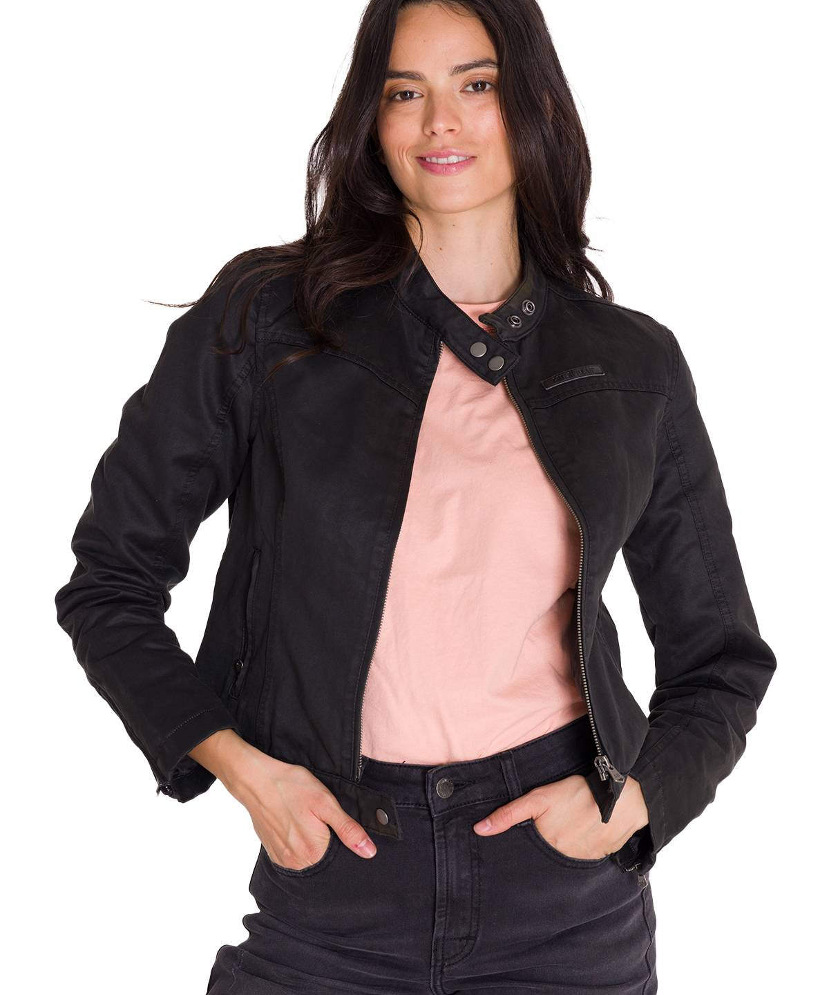 Chaqueta W Waxed Moto Para Mujer Color Negro-3