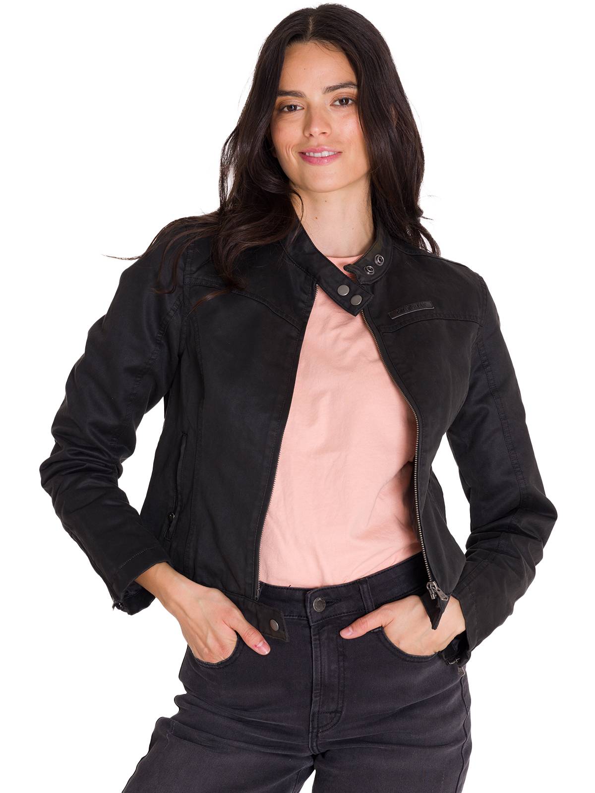 Chaqueta W Waxed Moto Para Mujer Color Negro-3
