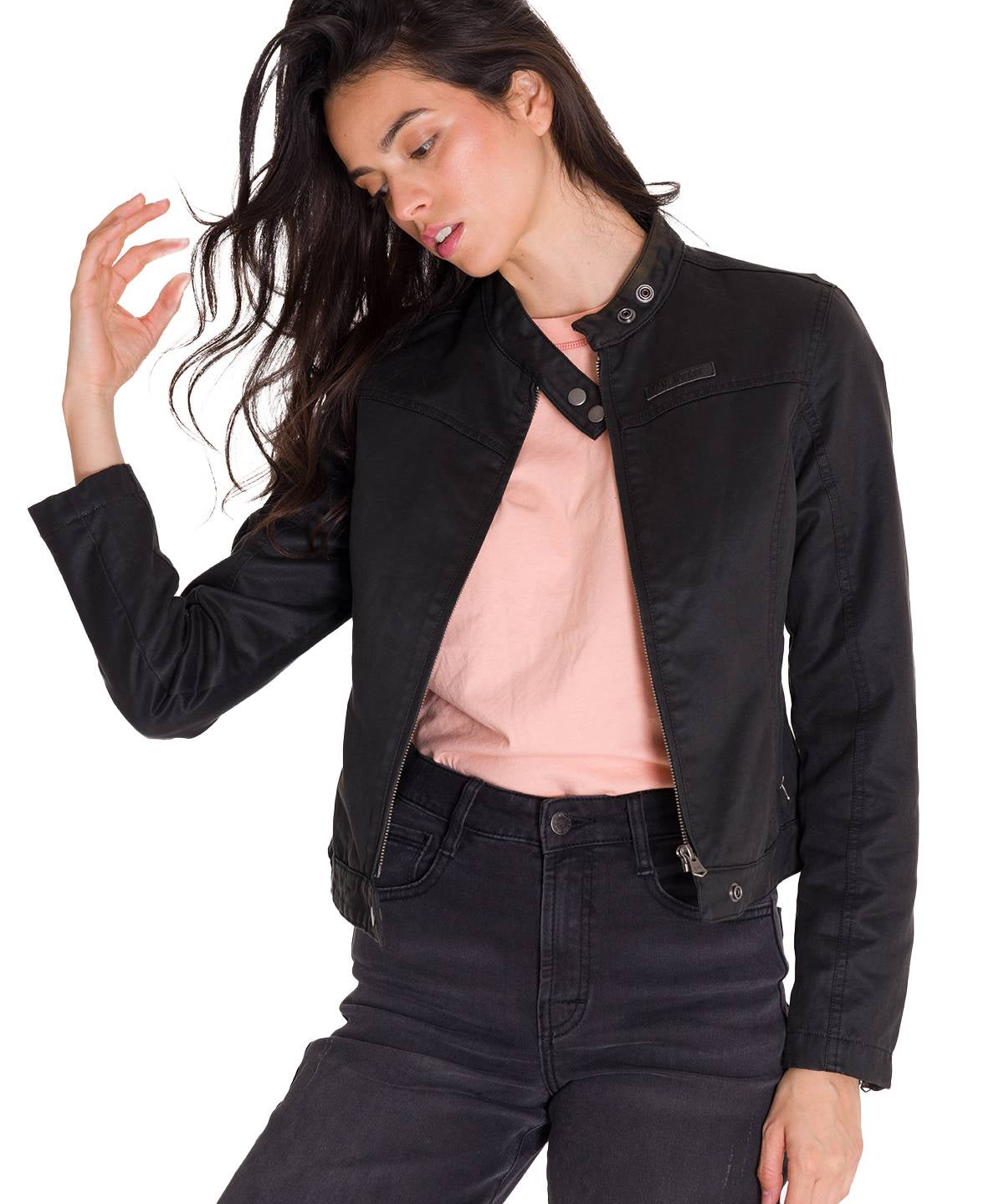 Chaqueta W Waxed Moto Para Mujer Color Negro-4