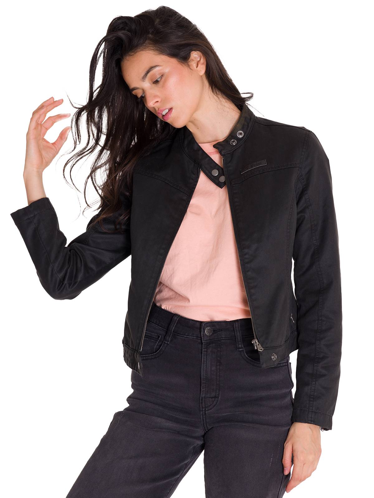 Chaqueta W Waxed Moto Para Mujer Color Negro-4