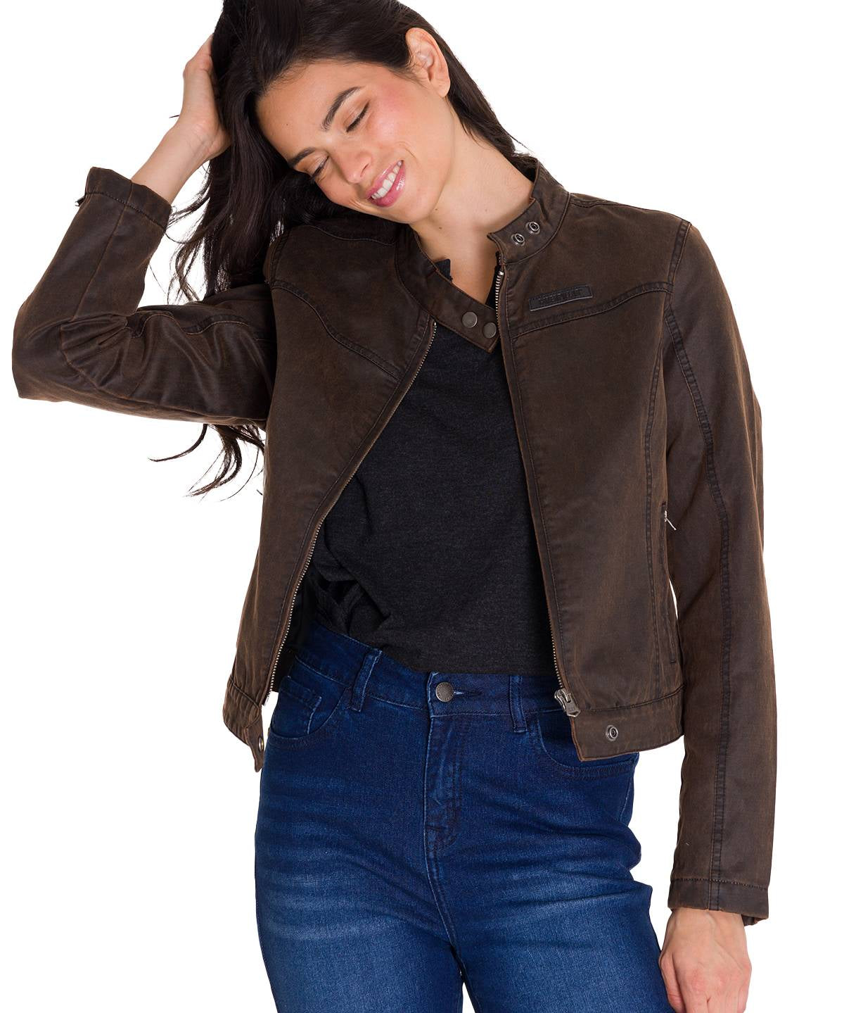 Chaqueta W Waxed Moto Para Mujer Color Café-1