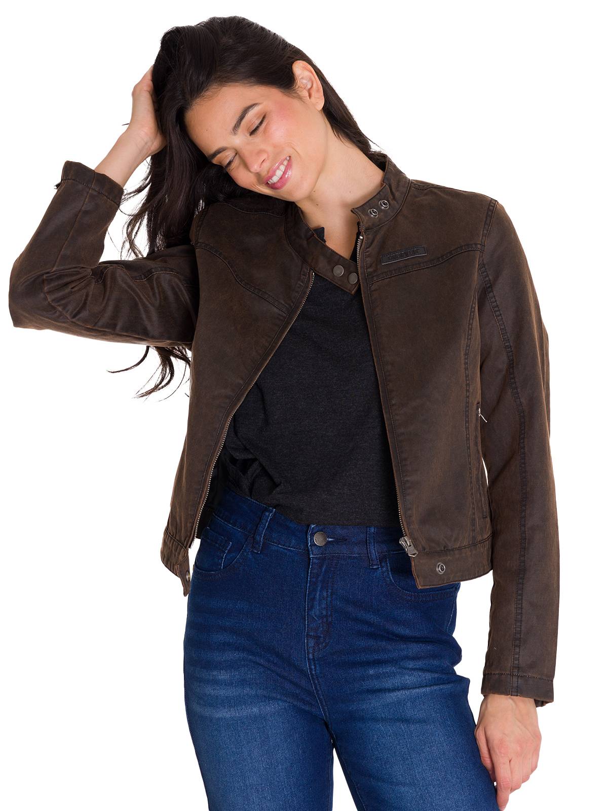 Chaqueta W Waxed Moto Para Mujer Color Café-1