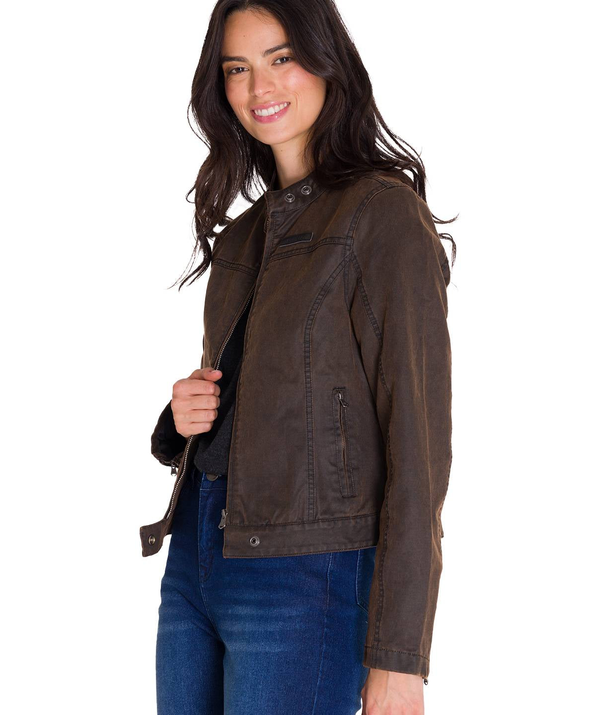 Chaqueta W Waxed Moto Para Mujer Color Café-2