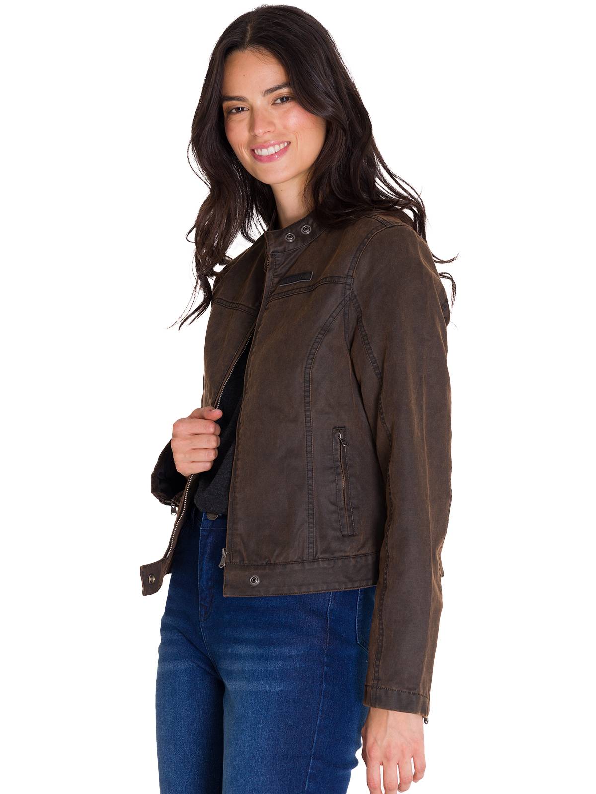 Chaqueta W Waxed Moto Para Mujer Color Café-2