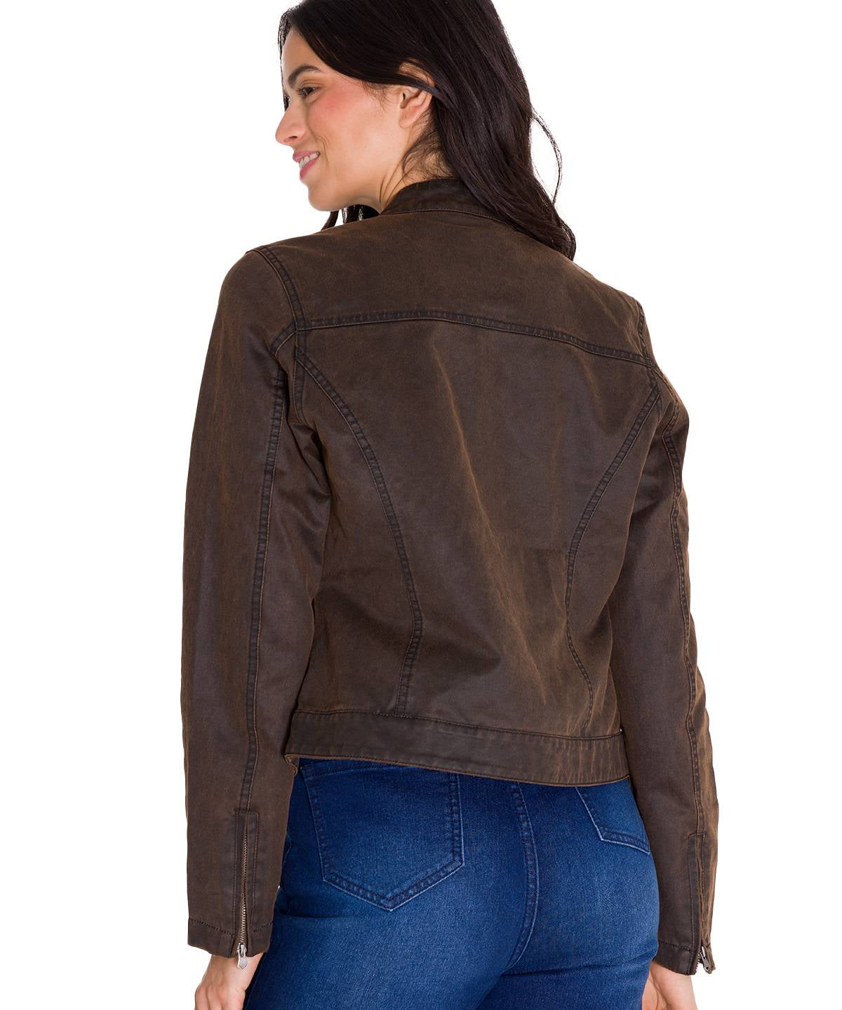 Chaqueta W Waxed Moto Para Mujer Color Café-3