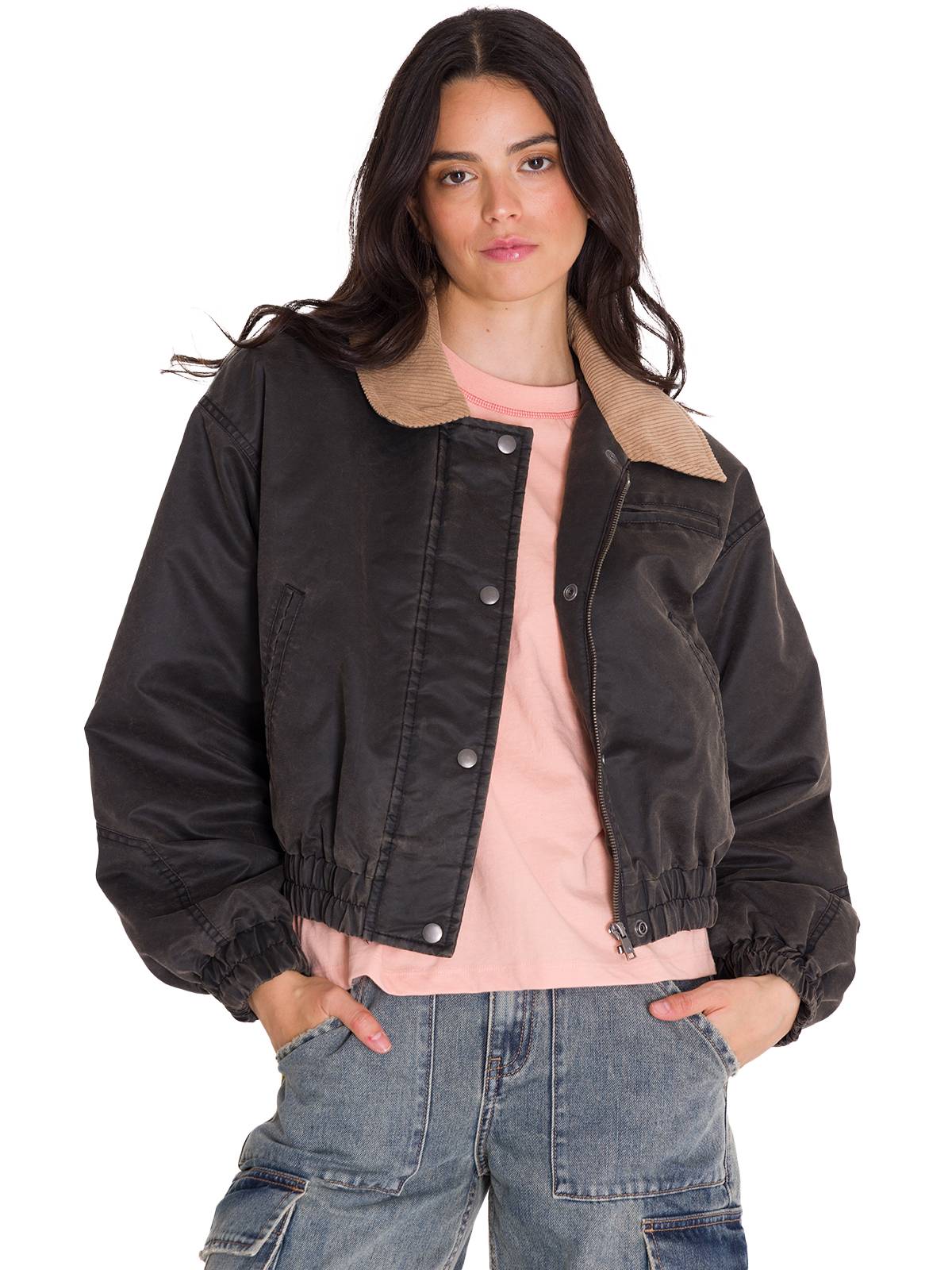 Chaqueta Waxed Twill Cropped Mujer Color Gris-1