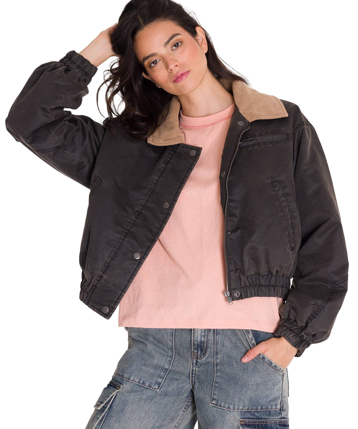 Chaqueta Waxed Twill Cropped Mujer Color Gris-2