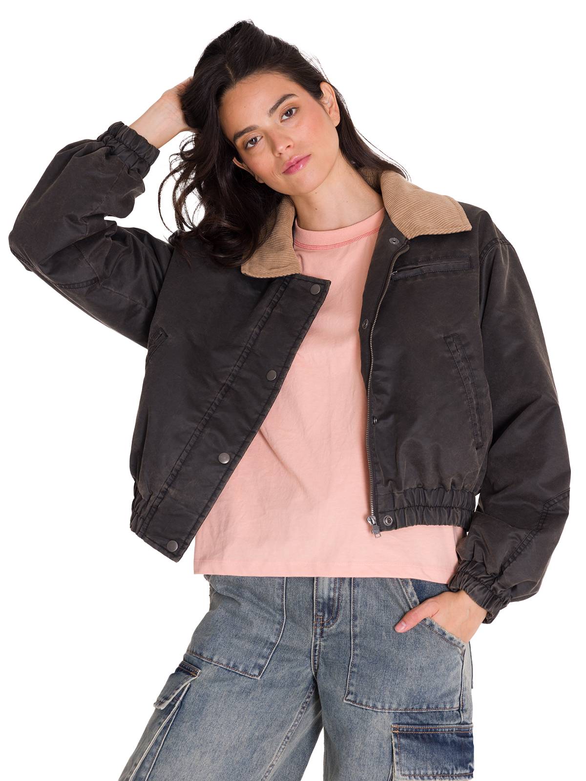 Chaqueta Waxed Twill Cropped Mujer Color Gris-2