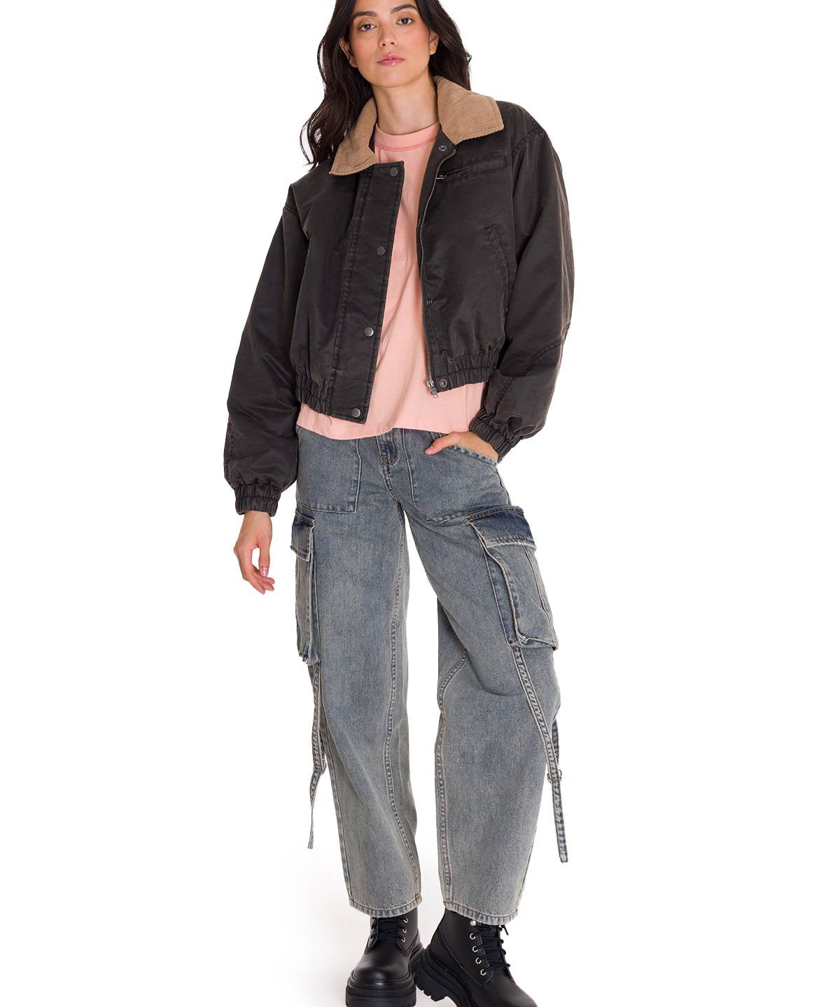 Chaqueta Waxed Twill Cropped Mujer Color Gris-5