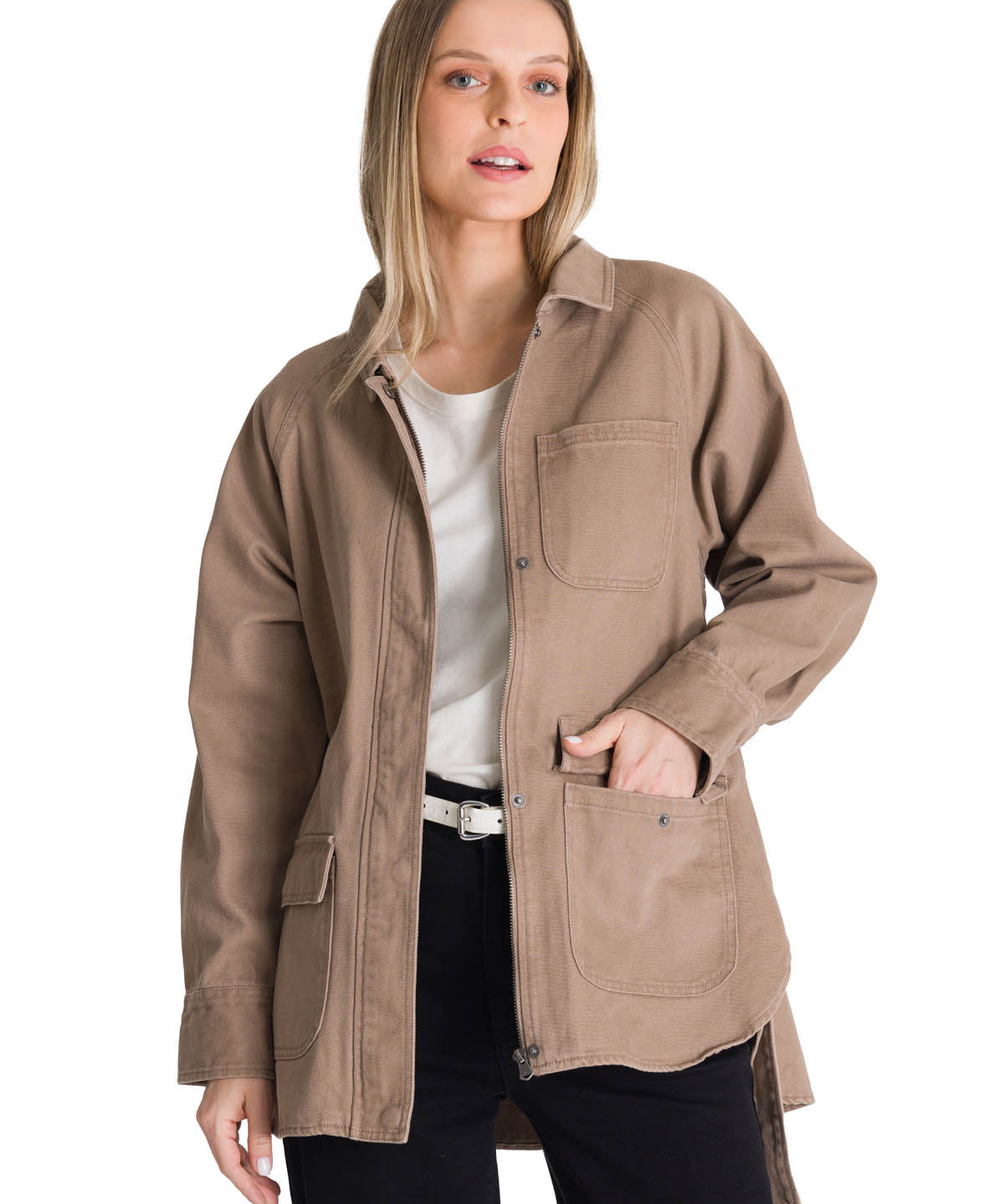 Chaqueta Tie Waist Long Chore Para Mujer Color Beige-1