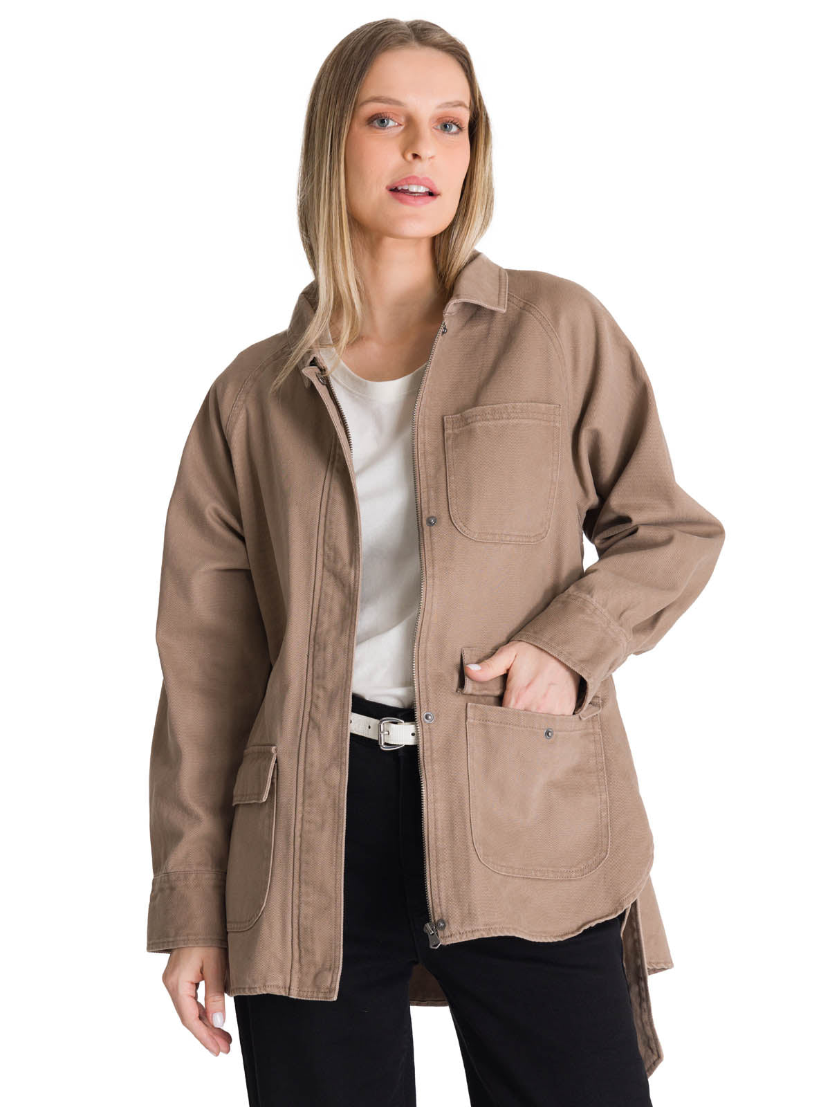 Chaqueta Tie Waist Long Chore Para Mujer Color Beige-1