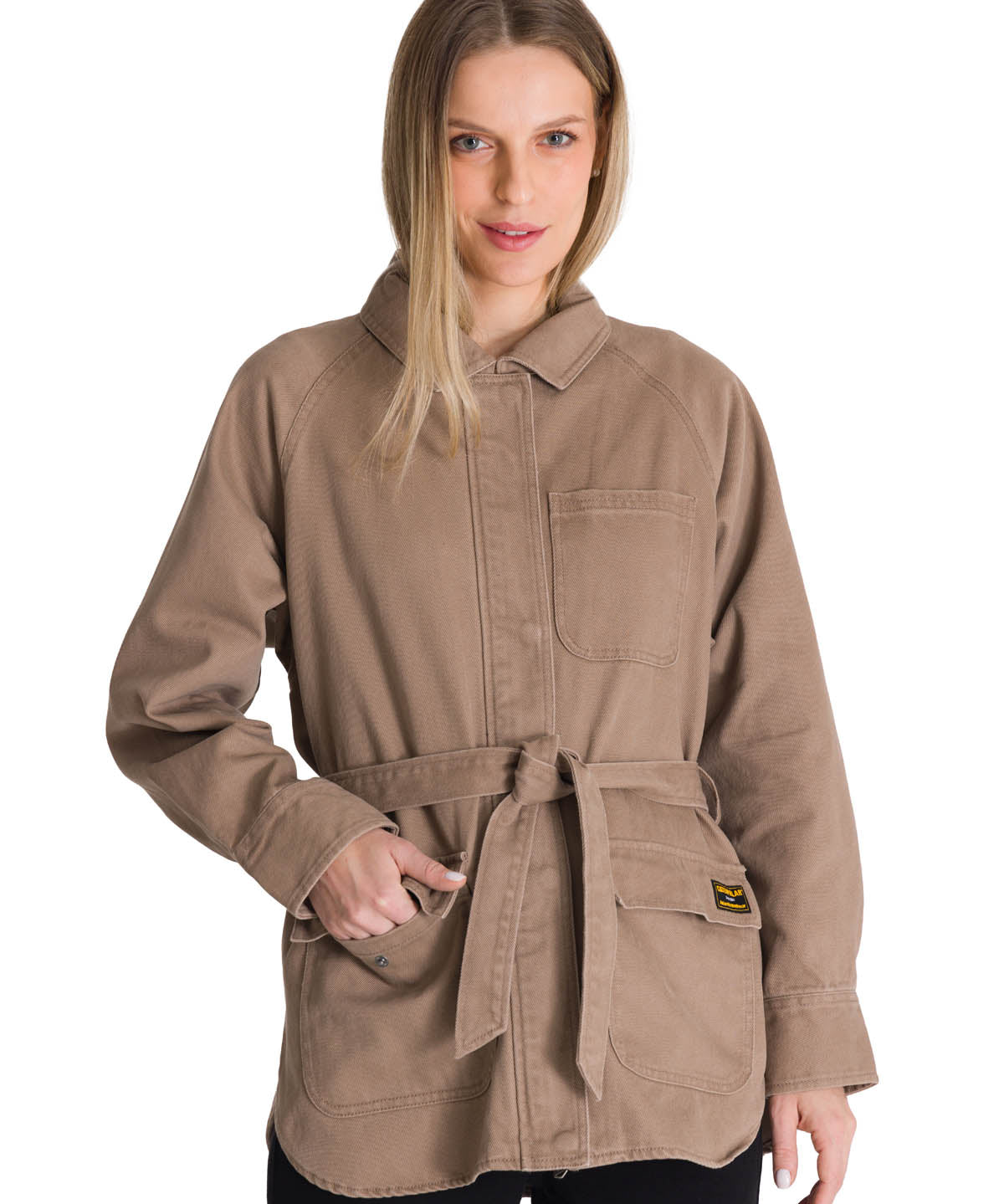 Chaqueta Tie Waist Long Chore Para Mujer Color Beige-2