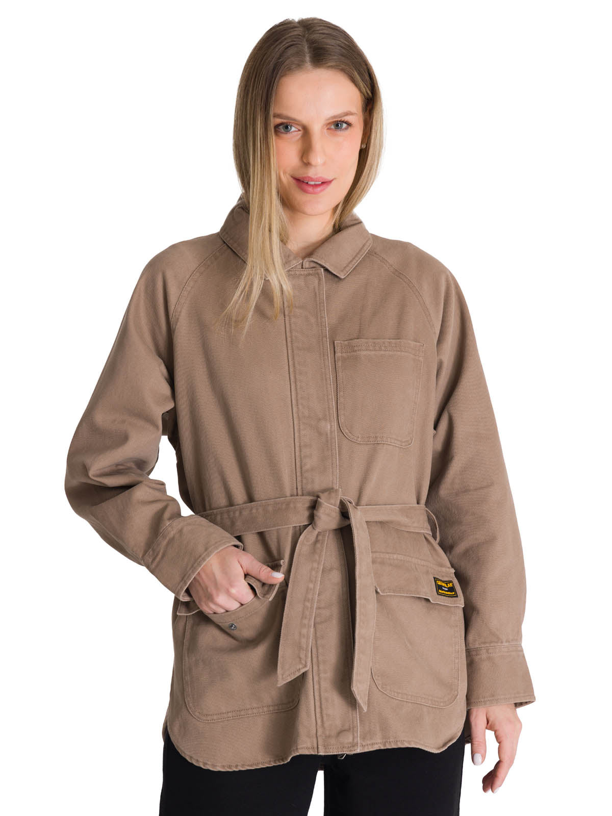 Chaqueta Tie Waist Long Chore Para Mujer Color Beige-2