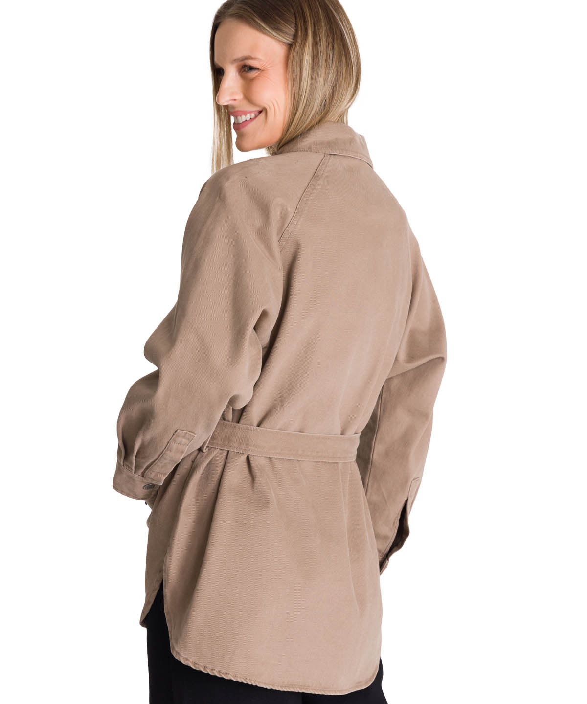 Chaqueta Tie Waist Long Chore Para Mujer Color Beige-3