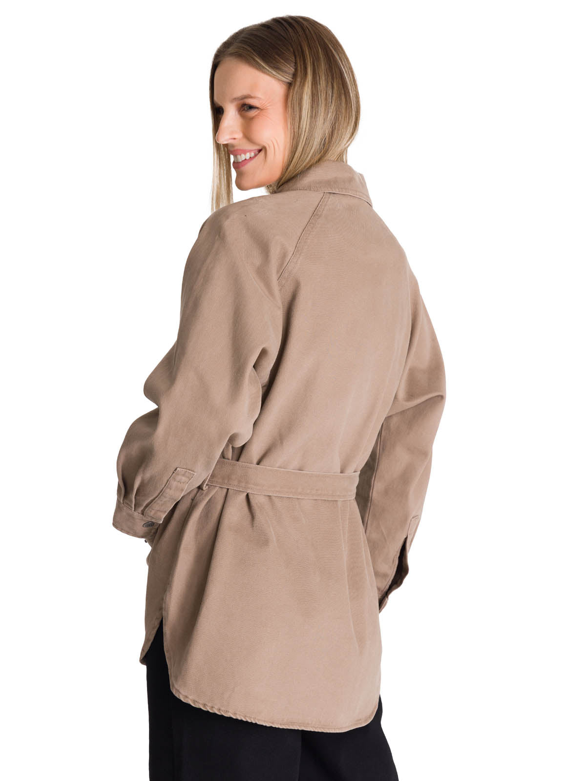 Chaqueta Tie Waist Long Chore Para Mujer Color Beige-3