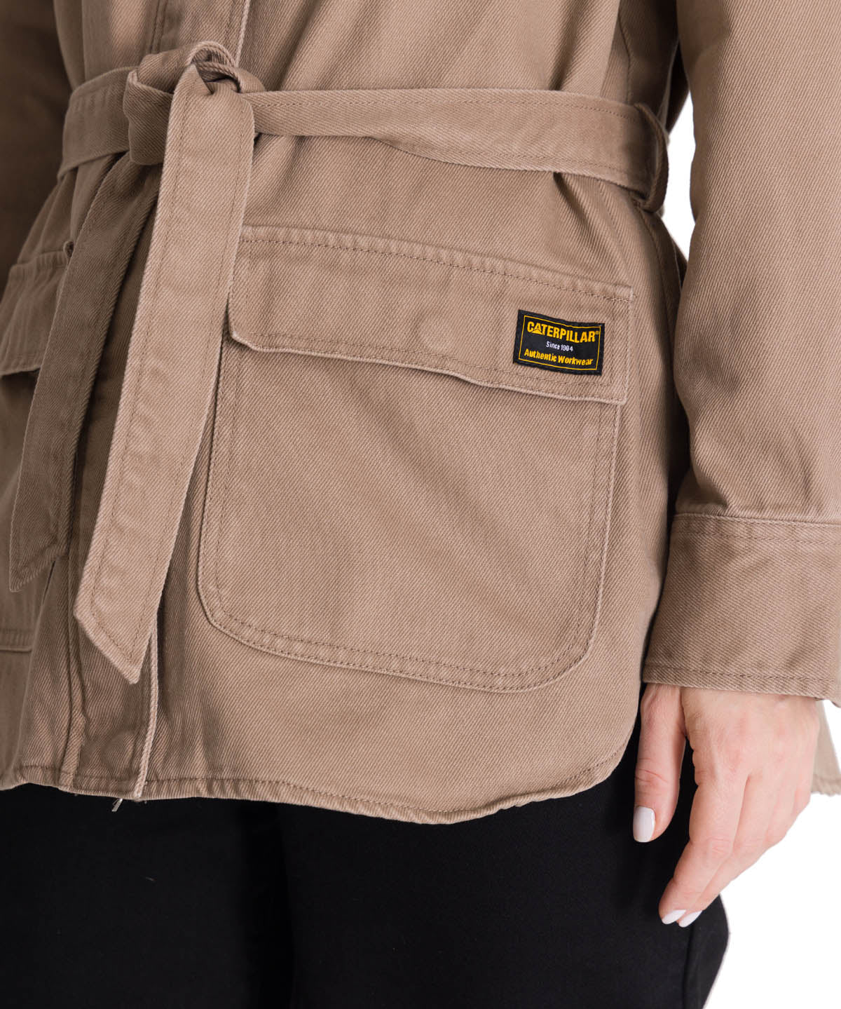 Chaqueta Tie Waist Long Chore Para Mujer Color Beige-4