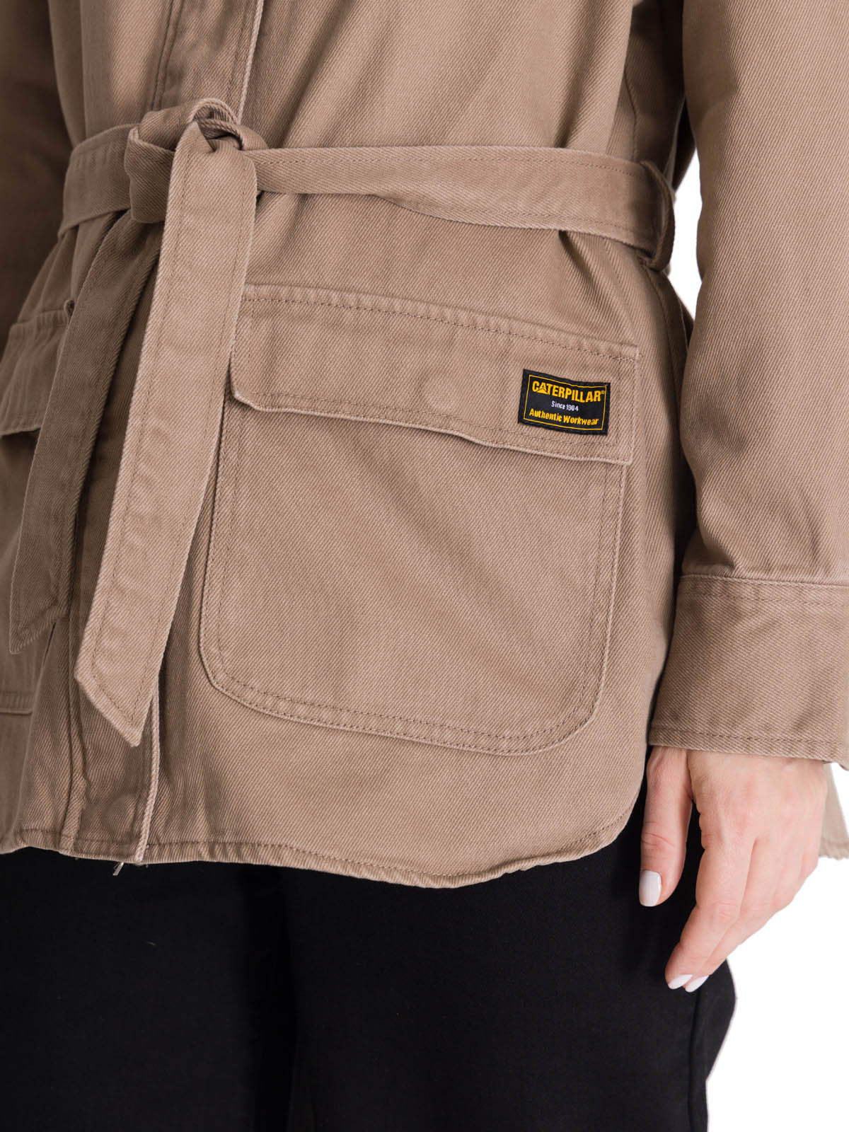 Chaqueta Tie Waist Long Chore Para Mujer Color Beige-4