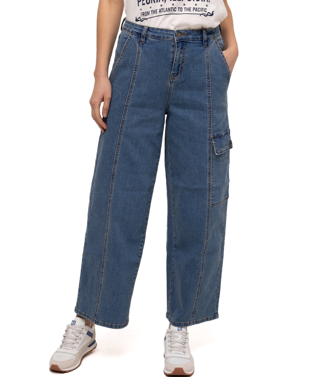 Jeans Stretch Denim Cargo Para Mujer Color Beige-1