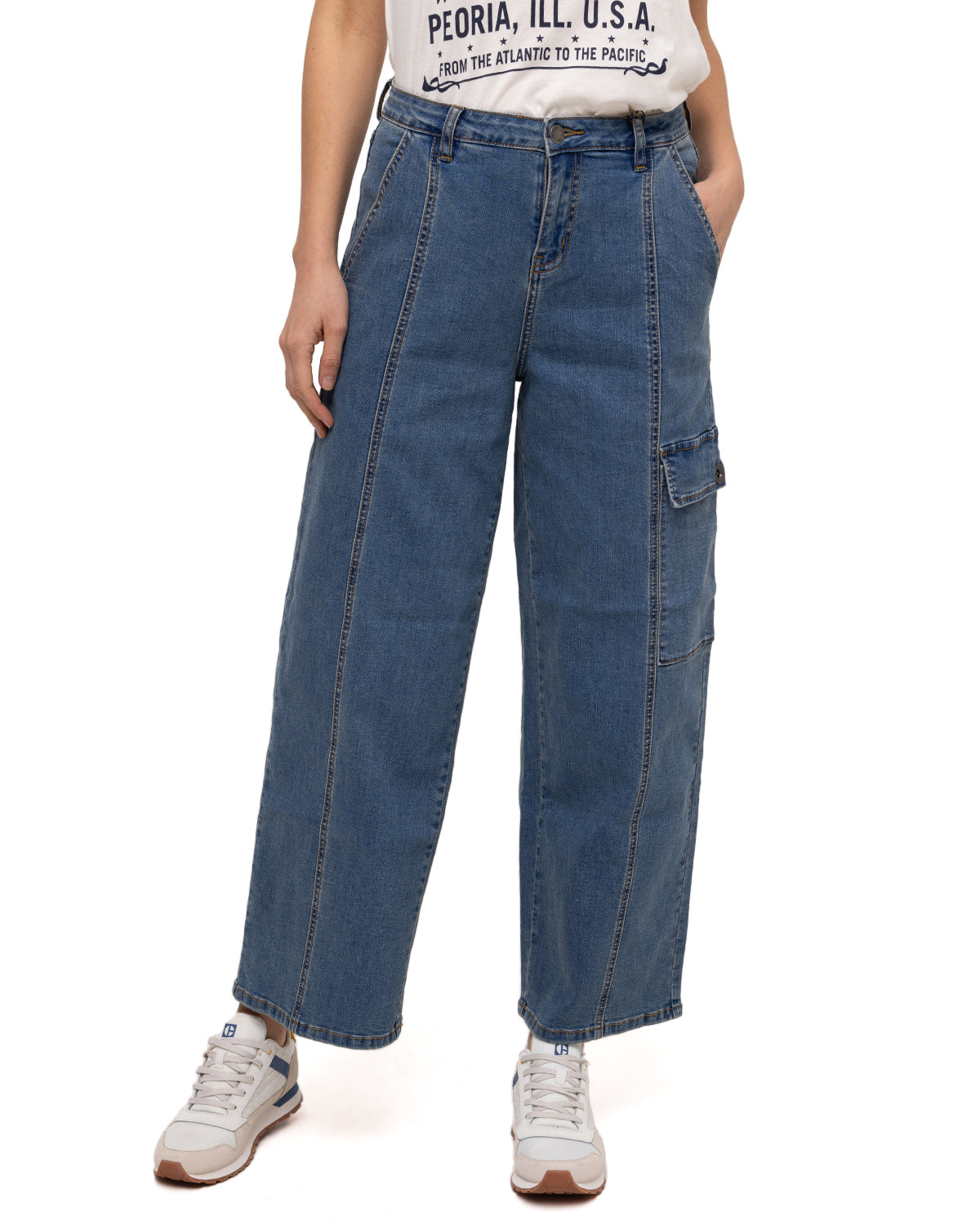 Jeans Stretch Denim Cargo Para Mujer Color Beige-1