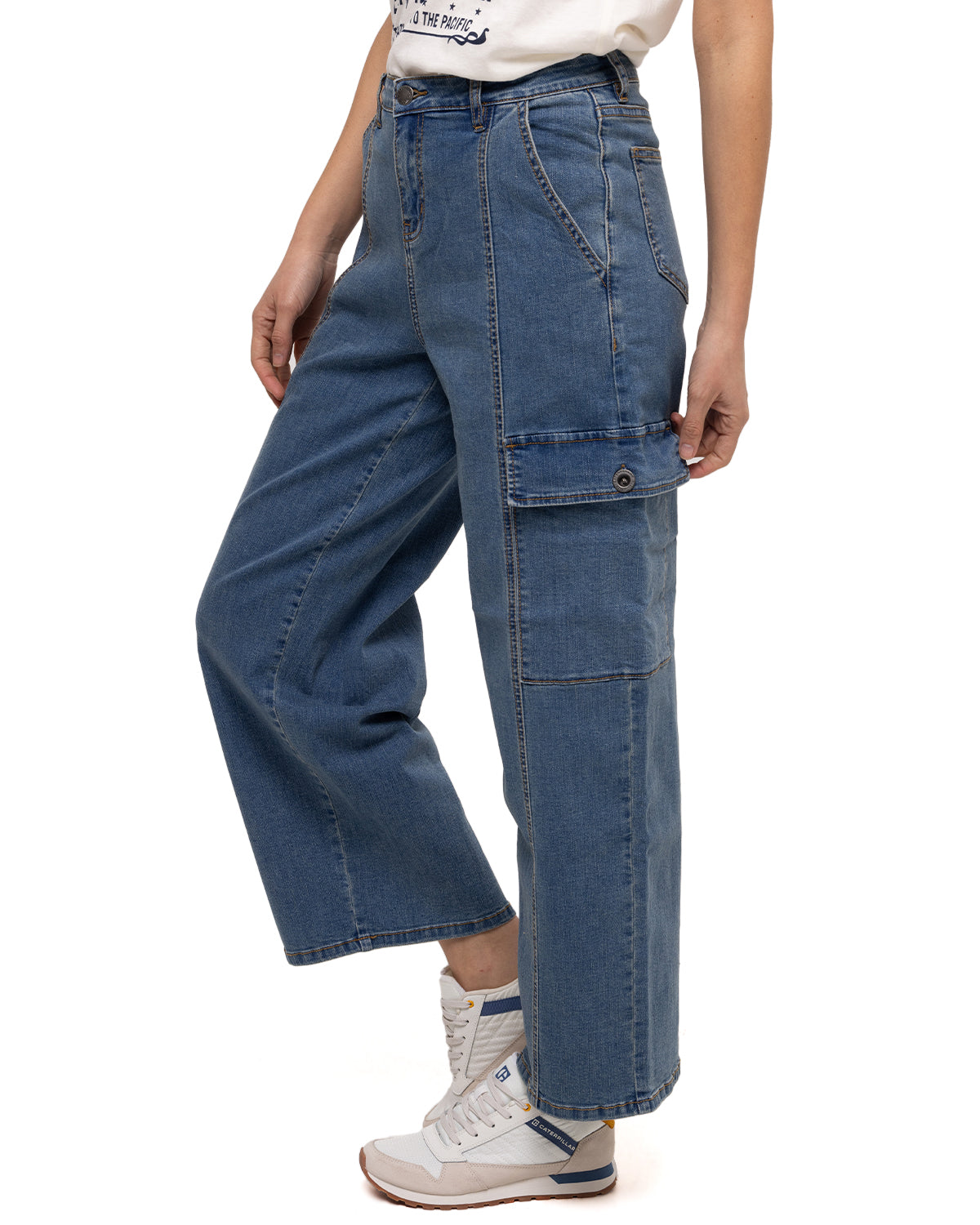 Jeans Stretch Denim Cargo Para Mujer Color Beige-2