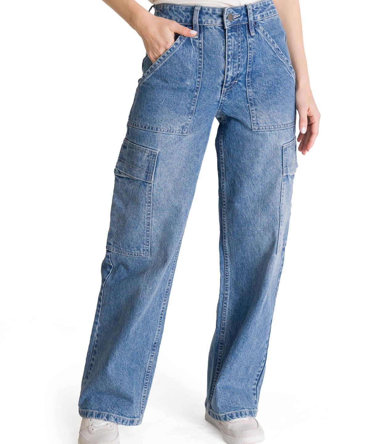Pantalón Denim Relaxed Cargo Para Mujer Color Azul-1
