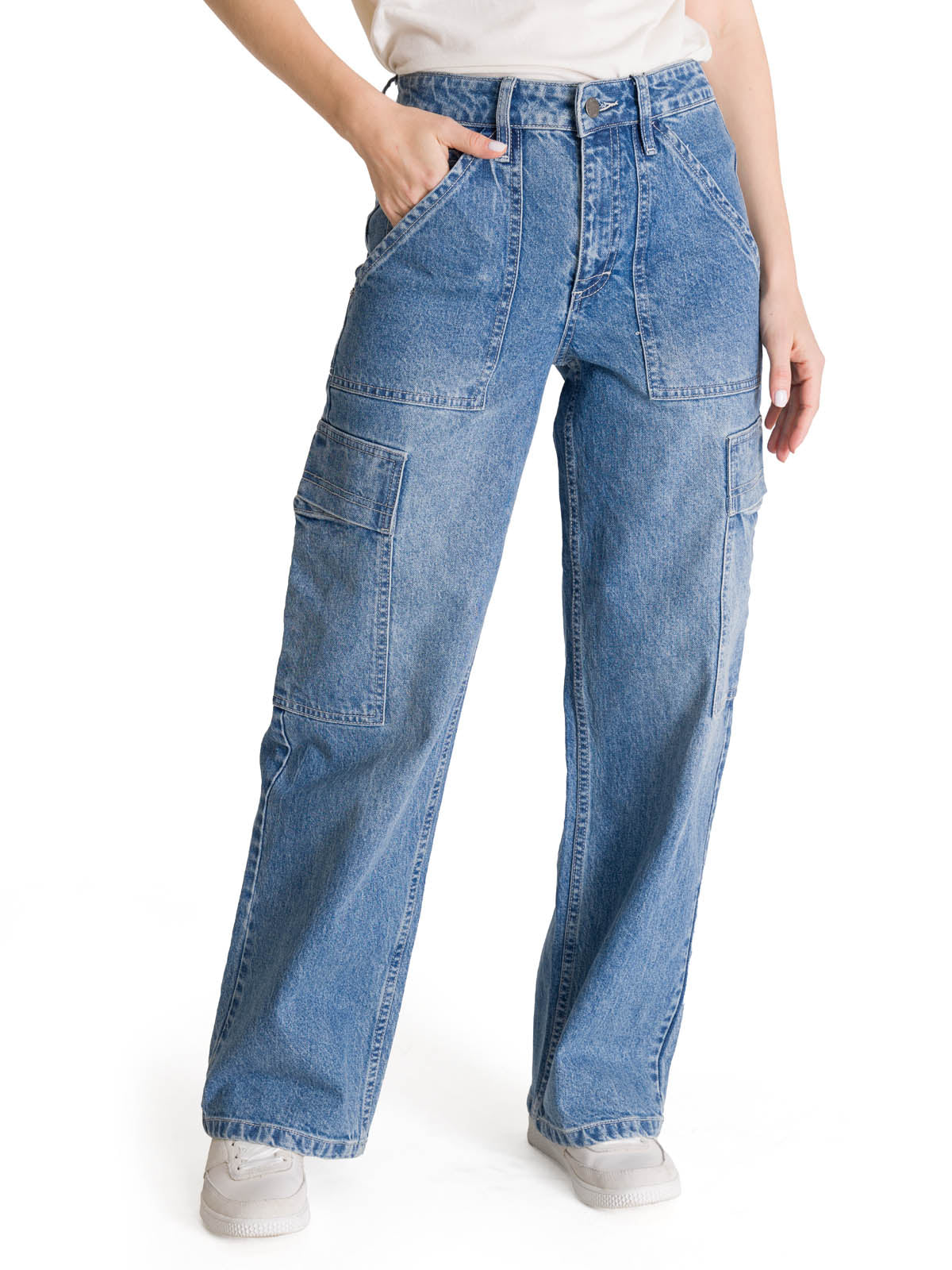 Pantalón Denim Relaxed Cargo Para Mujer Color Azul-1