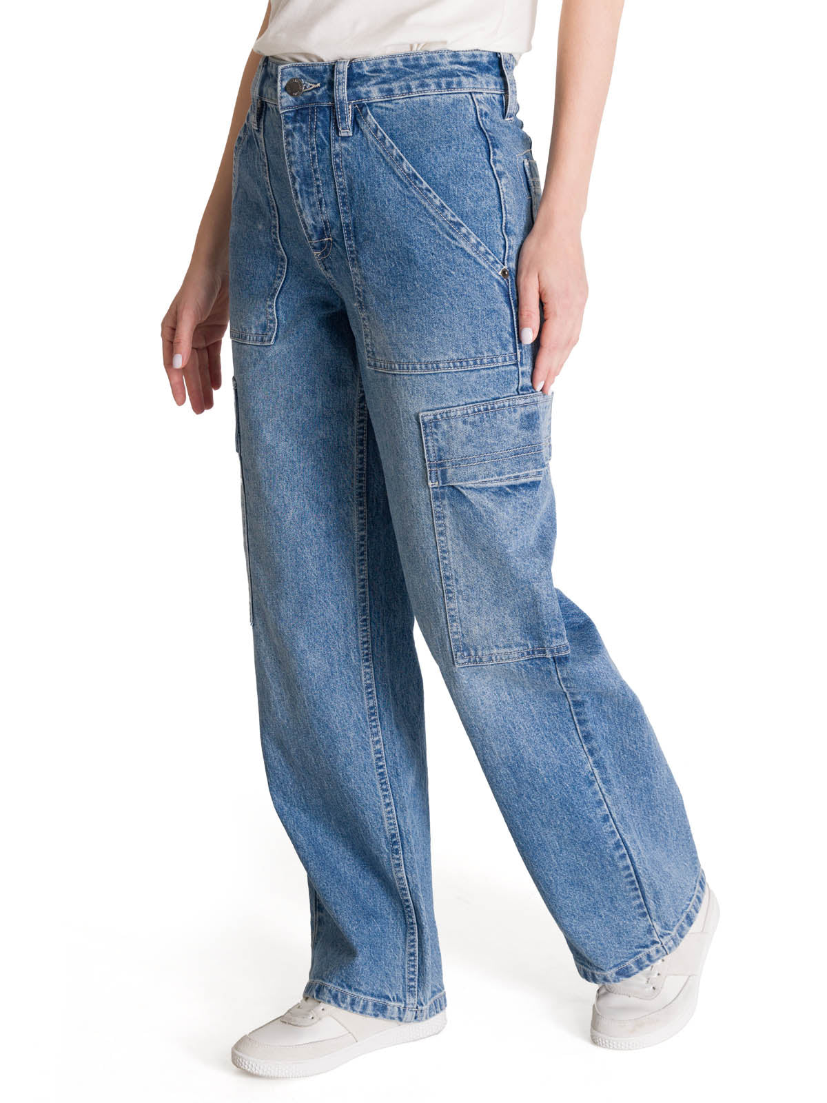 Pantalón Denim Relaxed Cargo Para Mujer Color Azul-2