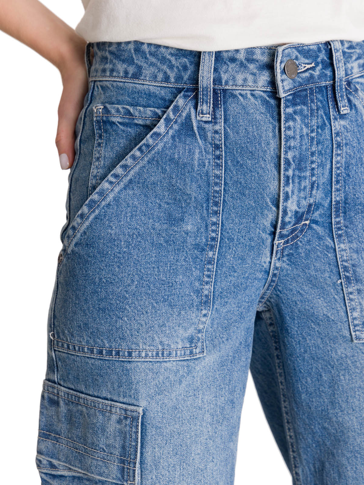 Pantalón Denim Relaxed Cargo Para Mujer Color Azul-4