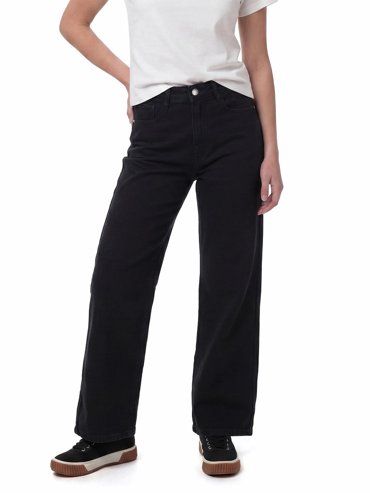 Pantalón Denim Wide Leg Mujer Color Negro-1